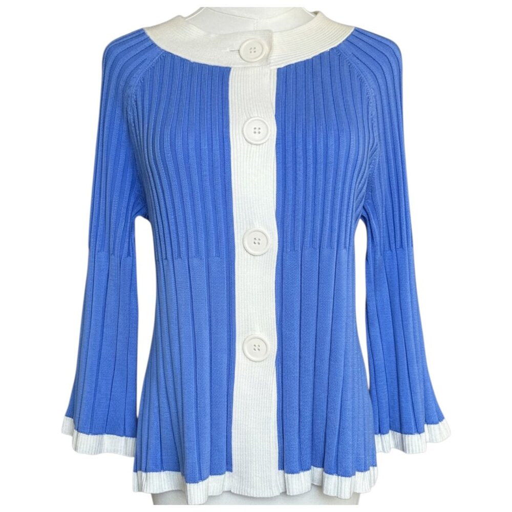 Covington Ribbed Button Sweater Blue White Contrast Trim M